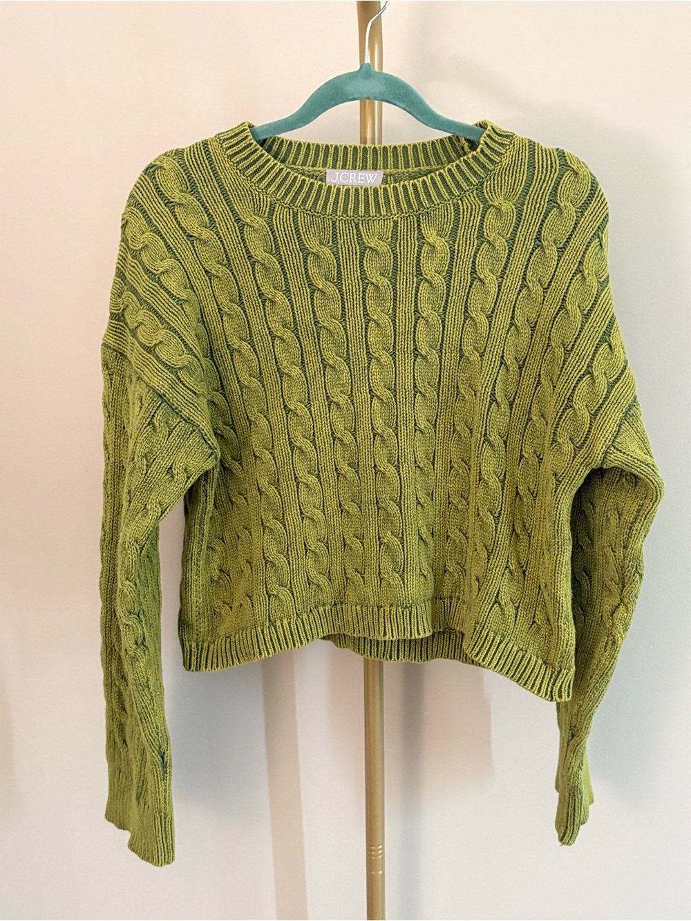 J. Crew Olive Cable Knit Cropped Crewneck Sweater
